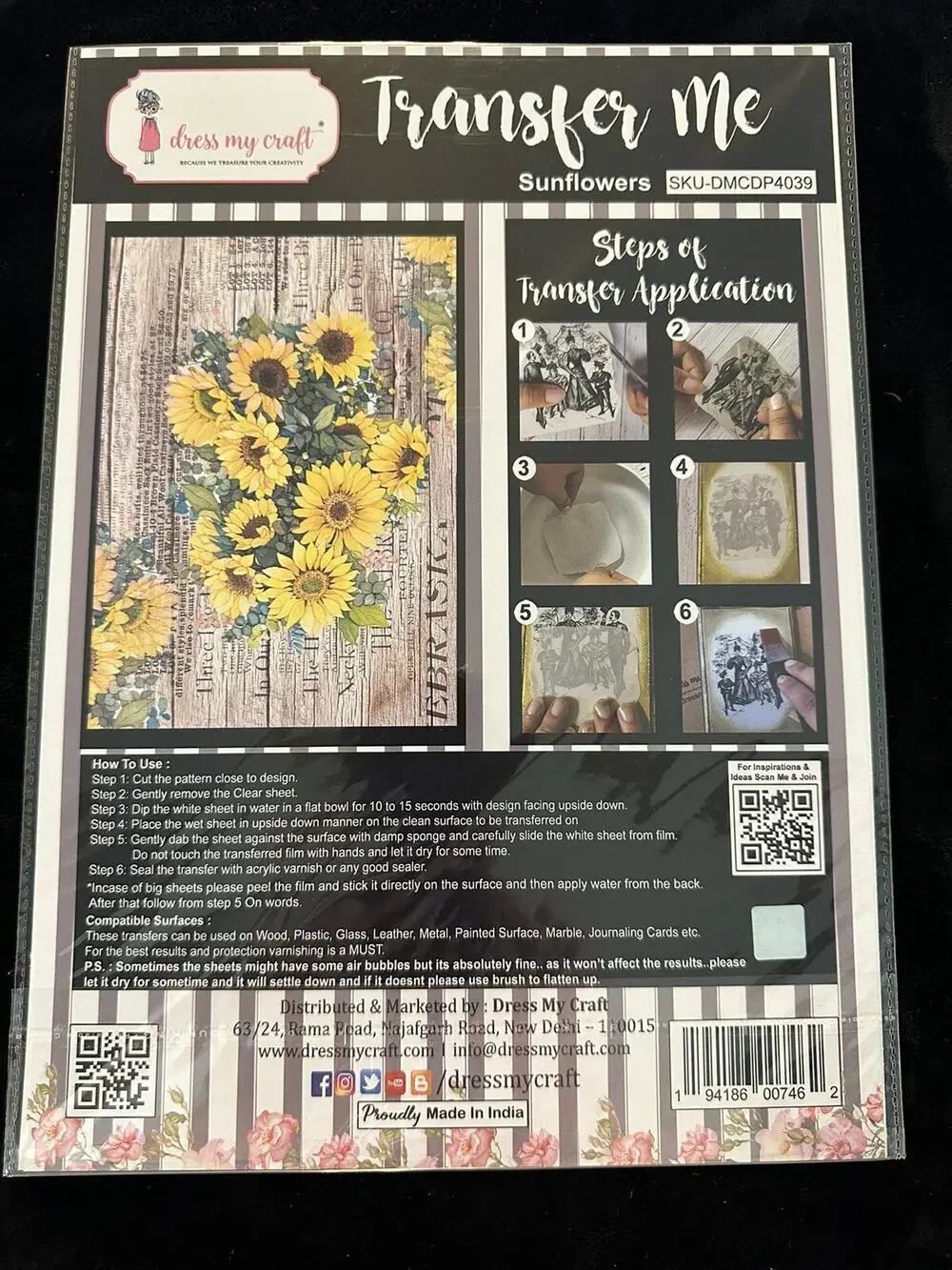 New Sealed Dress My Craft Transfer Me Sunflowers Floral Dip In Water Wood Script